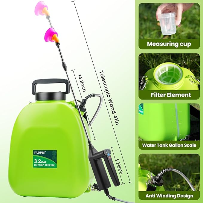 Battery Powered Backpack Sprayer 3.2Gallon, Electric Sprayer with 3-Adjustable Sprayings, Battery Indicator, 5 Nozzles, 41" Retractable Wand, Rechargeable Garden Sprayer for Weed, Lawn&Yard