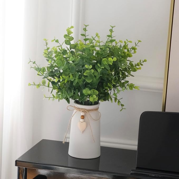 Realistic Artificial Eucalyptus Plant in Ceramic Vase, Fake Greenery for Home and Office Décor, Low Maintenance Desk Plant