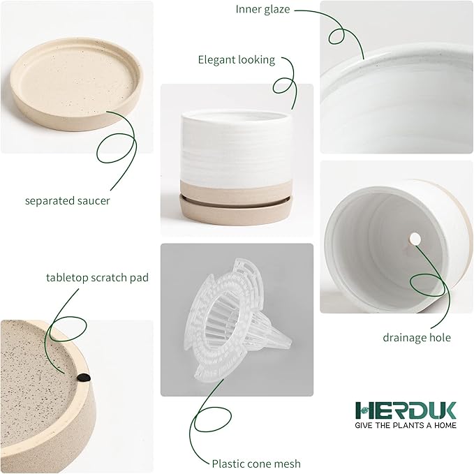 HERDUK 6 Inch Plant Pots, Ceramic Planter Pot with Drainage Hole & Saucer, Indoor/Outdoor Cylinder Round Planter Pot, White & Beige Glaze