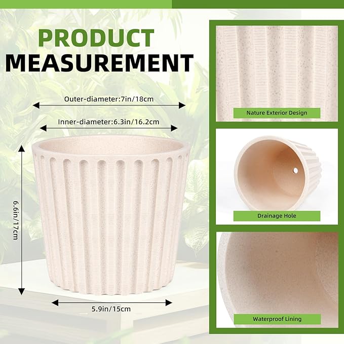 Ekirlin 7 Inch Indoor Plant Pot, Natural Resin Modern Planters, Graceful Curves Textures Garden Pot with Drainage Hole, Removable Rubber Stopper and Non-Slip Soft Pad, Decorative Pot for Home/Outdoor