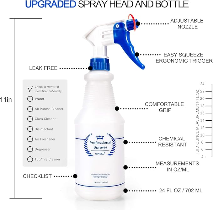 Uineko Plastic Spray Bottle (3 Pack, 24 Oz, 3 Colors) Heavy Duty All-Purpose Empty Spraying Leak Proof Mist Water Bottles for Cleaning Solutions Plants Essential Oils Hair Pet with Adjustable Nozzle