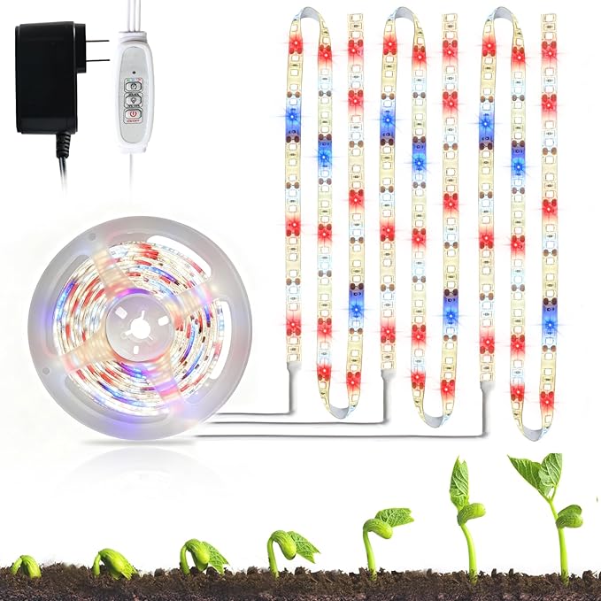 LED Grow Light Strips for Indoor Plants, 3 Head Each 10ft 120LED Red Blue White Full Spectrum Plant Grow Light Tape with 3 Timers Dimmable Auto On/Off, 24W Plug in Plant Light for Seedling Shelf