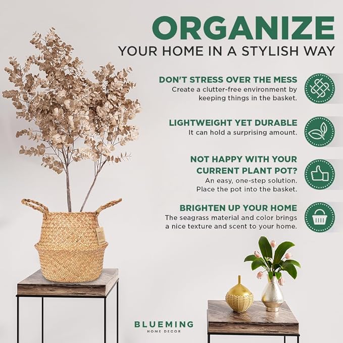 Blueming Home Olive Tree Basket – Wicker Seagrass Planter for Tall Indoor Fake Plants, Decorative Rattan Basket for Houseplants, Snake Plant, Monstera, 7-8 Inch Pots (Original, Medium)