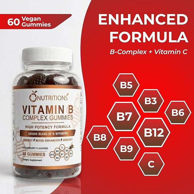 O NUTRITIONS Vitamin B Complex Gummies for Women & Men – High Potency B12 (833% DV) & Biotin – Energy, Mood & Metabolism Support – Vegan Strawberry Gummy Vitamins – 60 Gummies, 2-Month Supply