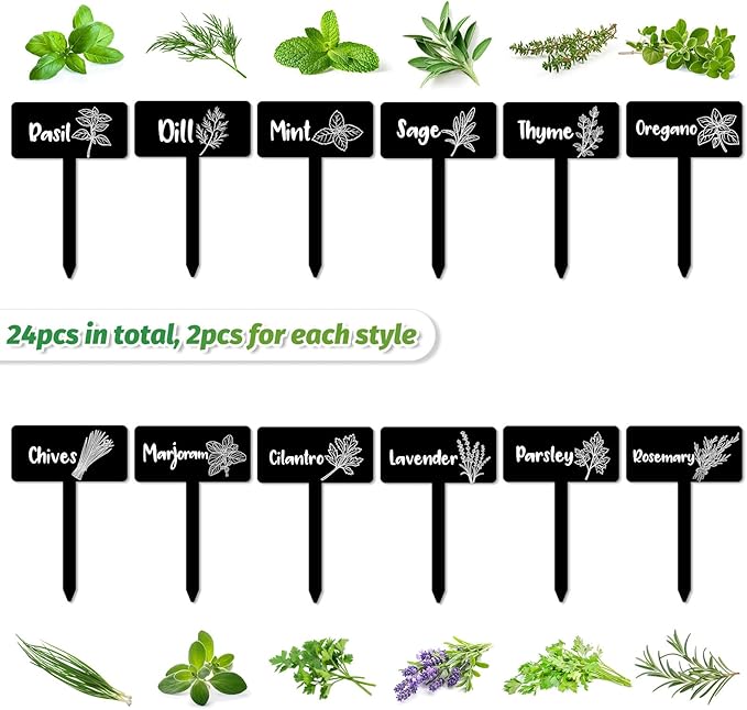 JarThenaAMCS 24Pcs Acrylic Plant Label Signs 12 Styles Spring Summer Garden Herb Markers Black Waterproof Reusable T-Type Tags Plant Stake Tags with Names for Nursery Indoor Outdoor Garden Decor