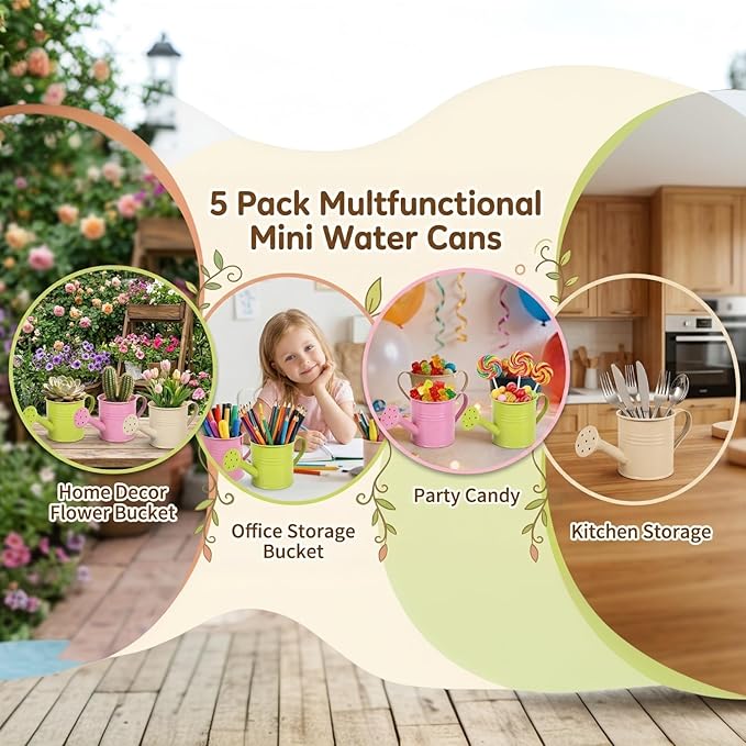 5PCS Mini Watering Cans Kids Metal Watering Can for Indoor Plants, Small Water Can Toddler Gardening Tool Beach Play, Multifunctional Cute Metal Jug for Craft Colorful Home Decor Flower Bucket