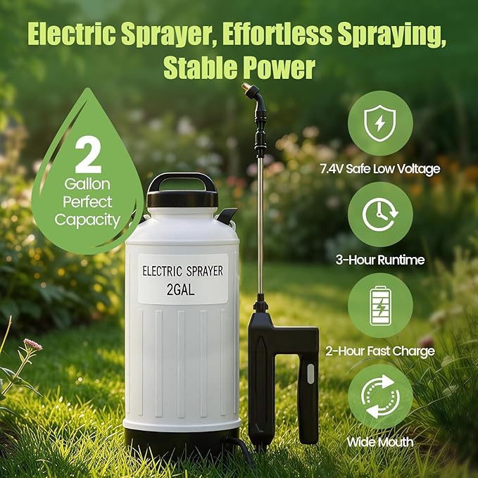Battery Powered Garden Sprayer 2 Gallon 7.4V Powerful Electric Weed Sprayer with Retractable Leak-Proof Wand, 3 Adjustable Nozzles & Strap for Lawn,