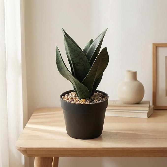 Small Artificial Snake Plant Fake Snake Plant 10inch Sansevieria Faux Plants Small Faux Potted Plants with Fixed Pebbles Matte Pot for ShelvesIndoor Desk Bathroom Decor