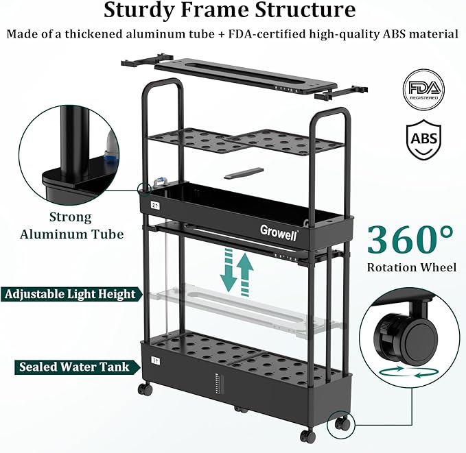 Growell 60-Pod Hydroponics Growing System, Large Vertical Hydroponic Garden with Smart Full-Spectrum Grow Lights, Auto Circulating Water, Mobile Indoor Gardening System for Herbs, Vegetables & Fruits