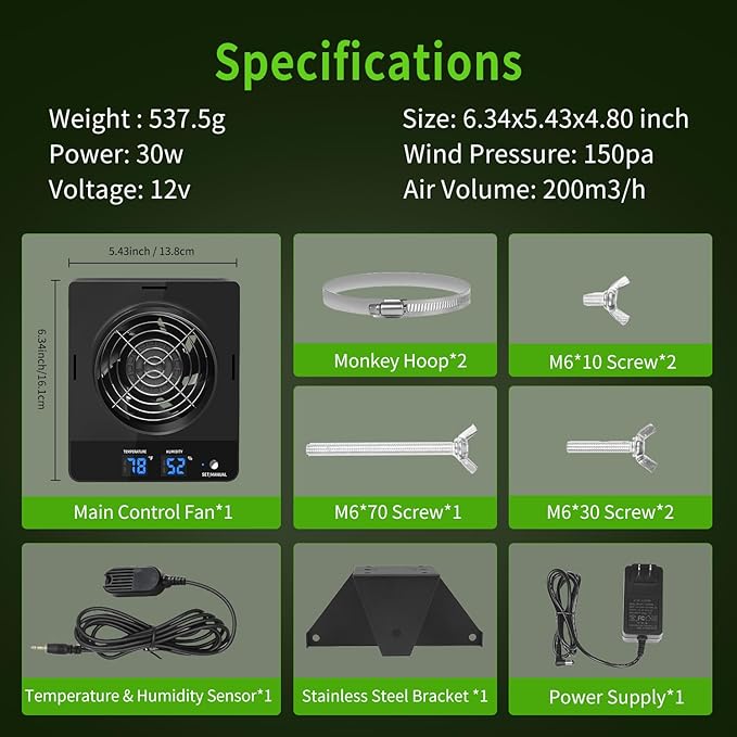 4-Inch Grow Tent Inline Duct Fan, Automatic Temperature & Humidity Sensing Control, Ventilation System for Grow Tents, Greenhouses