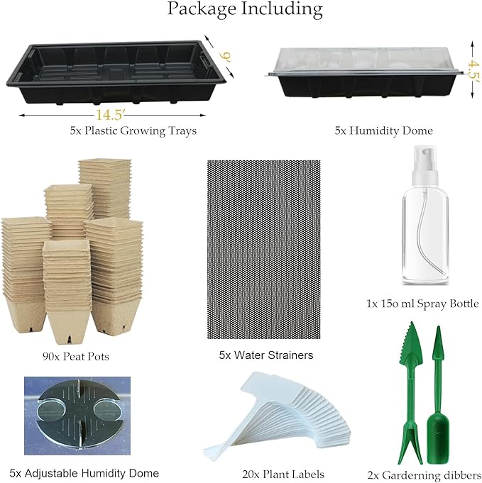Seed Starter Kit with 100 Peat Pots for Seedlings Seed Starter Tray, 5 Plastic Growing Trays with Water Strainer 20 Plant Labels & 2 Garden Tools Outdoor or Indoor