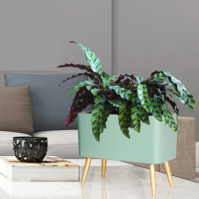 Oliz 13.5 Inch Planter Pot with Metal Craft Legs, Self Watering Planter Pots with Water Shortage Alarm Plant Pot for Indoor Outdoor Decorative Succulents Herb (B- Green)