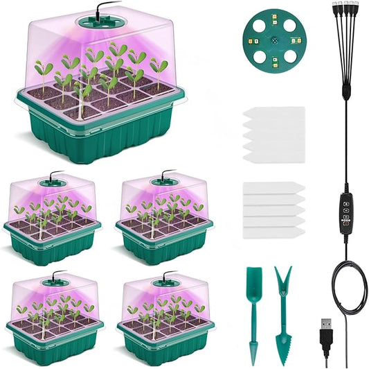 Seed Starter Tray with Grow Light, Plant Germination Starter Kit Seed Starter kit with Humidity Dome and Base for Greenhouse Grow Wheatgrass Hydroponic (Timed Seedling Tray)