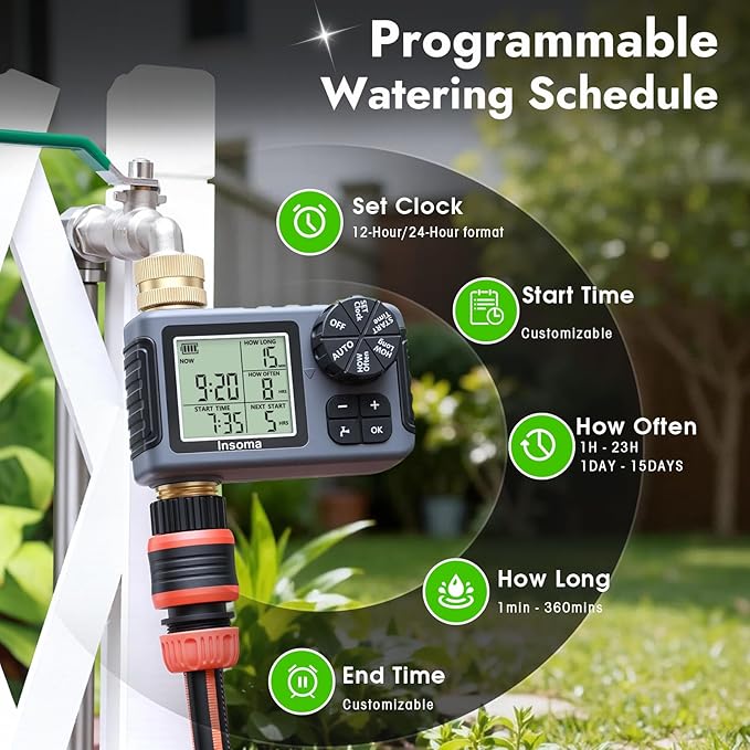 Water Timer for Garden Hose with 100% Metal Pipe, Programmable Sprinkler Controller for Garden Faucet with Auto/Manual/Rain Delay Mode, Irrigation Timers for Lawn, Yard, Outdoor Plants