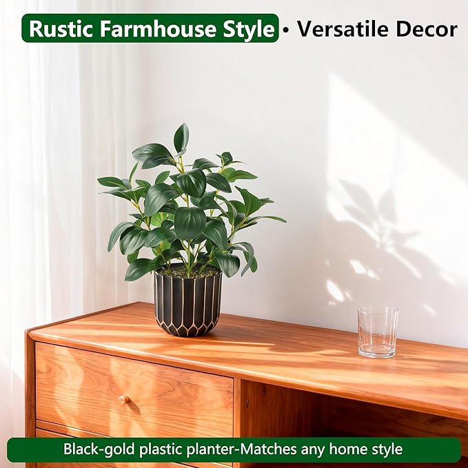 florisso Artificial Succulents & Fig Leaf Potted Decor - Faux Succulents with Fig Leaf Greenery in Black & Gold Plastic Planter (No Actual Figs) for Farmhouse, Bathroom, Bedroom & Office Decor