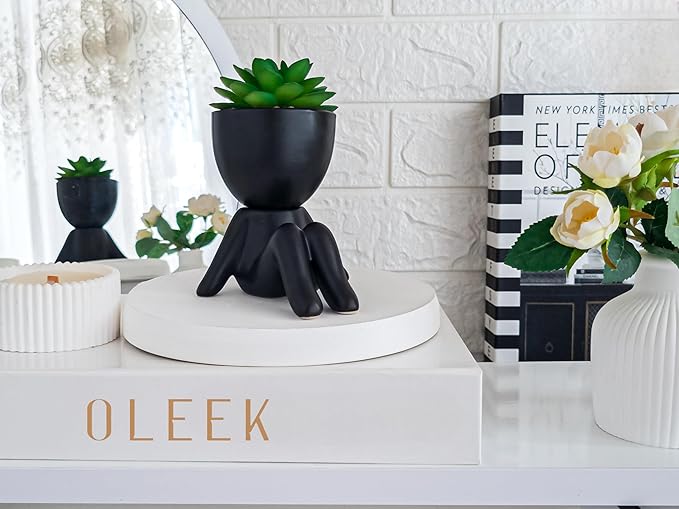 OLEEK Small fake plant office decor for women - blacks plants decor - office plants artificial - fake plants black - succulents fake plant for shelf decor - fake plants black pots for plants - Pot Set