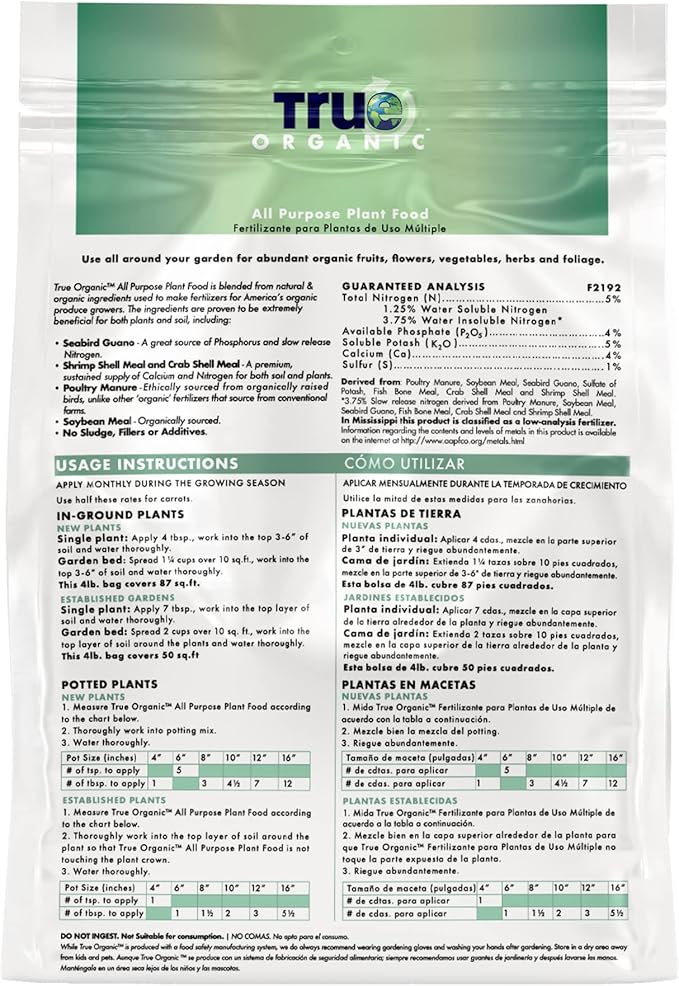 True Organic All Purpose Plant Food – Organic Fertilizer for Fruits, Vegetables, Flowers, and Herbs – 12lb Bag Covers 261 sq. ft.
