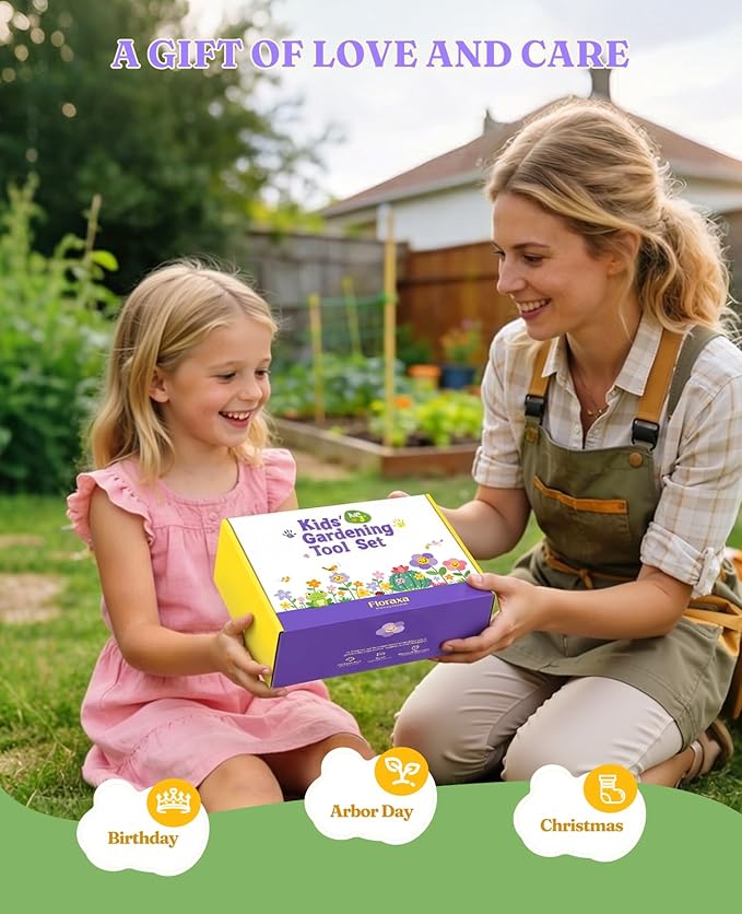 8Pcs Kids Gardening Set with Metal Basket & Real Metal Tools, STEM Outdoor Kit, Ergonomic Wooden Handles, 3 Shovels, Rake, Watering Can, Gloves, Tote Bag, Gift for Toddler Boys Girls, Yellow