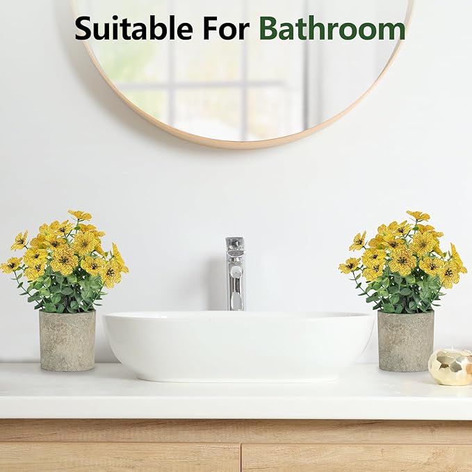 2 Pack Small Fake Plants Potted Artificial Plants Artificial Flowers Potted Faux Flower Daisy with Eucalyptus Leaves for Home Decor Office Room Farmhouse Indoor Table Bathroom Decor（Yellow）