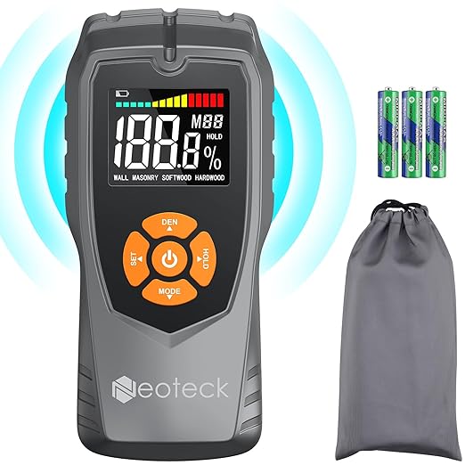 Neoteck Pinless Moisture Meter - Non-Destructive Wood & Masonry Moisture Detector with LCD Display & Sound Alarm for Walls, Drywall, Plaster, Floor, Concrete