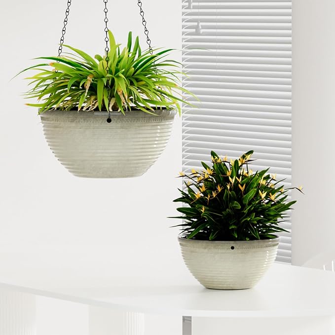 Vanslogreen 2 Pack Hanging Planters for Indoor Outdoor Plants, 10 Inch Hanging Planter with Drainage Hole & Plug Glazed Hanging Baskets Flower Pots for Garden Home (Off-White)