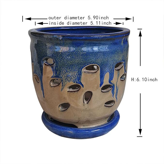 Large 6inch Ceramic Orchid pots with Holes, Flower Pot with Saucer for Indoor Plants Home Decorative, Round Planter (Blue+Light Brown)