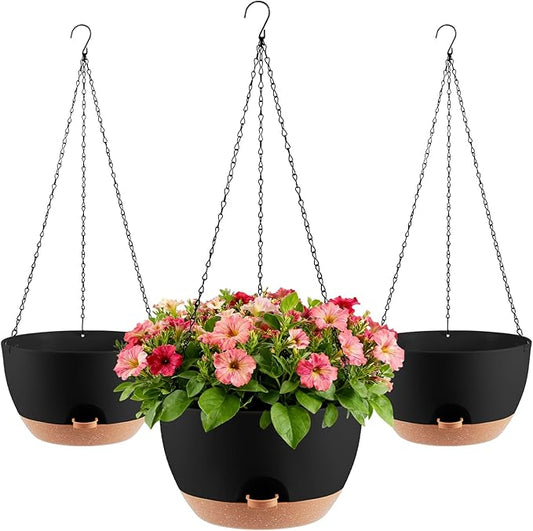 3-Piece Set of 10-Inch Hanging Planters with Automatic Watering System and Drip Tray, Includes Metal Chain, Suitable for Various Indoor and Outdoor Plants and Flowers, Black-Brown