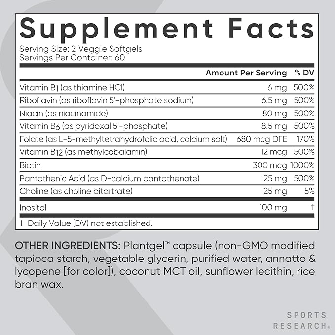 Sports Research® Vitamin B-Complex - Full Spectrum of B Vitamins with Methylated B12 & Folate - Gluten Free · Plant-Based · Non-GMO · Vegan-Friendly Formula - 120 Veggie Softgels