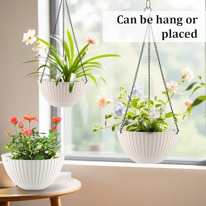 RooTrimmer Hanging Planters for Indoor Outdoor Plants 8 and 10 Inch, 4 Packs Hanging Flower Pot with Drainage Holes, Self-Watering Hanging Basket Perfect for Home, Office and Garden, White