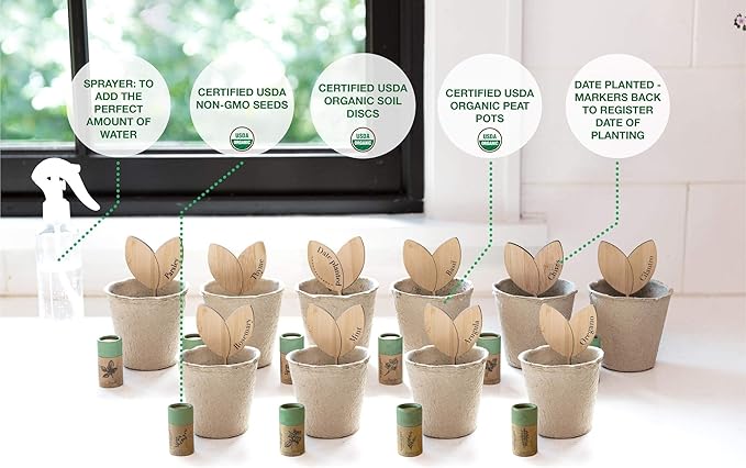 Indoor Herb Garden Starter Kit, 10 Gardening Seed Pack with Plant Markers, Growing Pots, Soil Discs, Wooden Box, DIY Kits for Growing Herbs Basil Thyme Parsley Cilantro