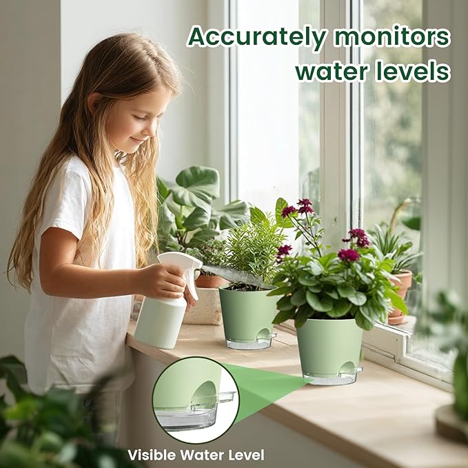 Meowell 6 inch Self Watering Pots for Indoor Outdoor Plants, 3 Pack Flower Plant Pots with Drainage Holes and Clear Reservoirs, Visible Water Level, Plastic Planters with Wicking Rope, Green