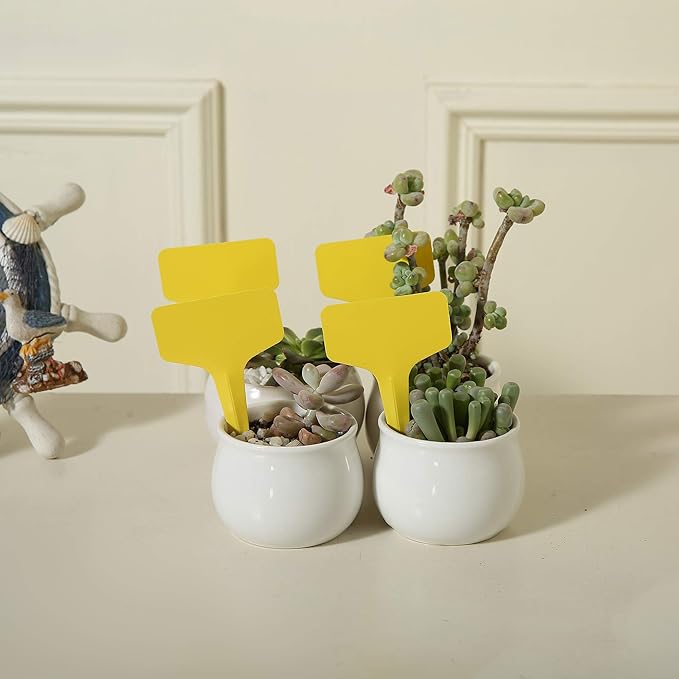 100 Pcs T-Type Plant Labels with a Gel Pen, Waterproof Nursery Plant Tags Plastic Garden Markers, Yellow, 6 x 10cm