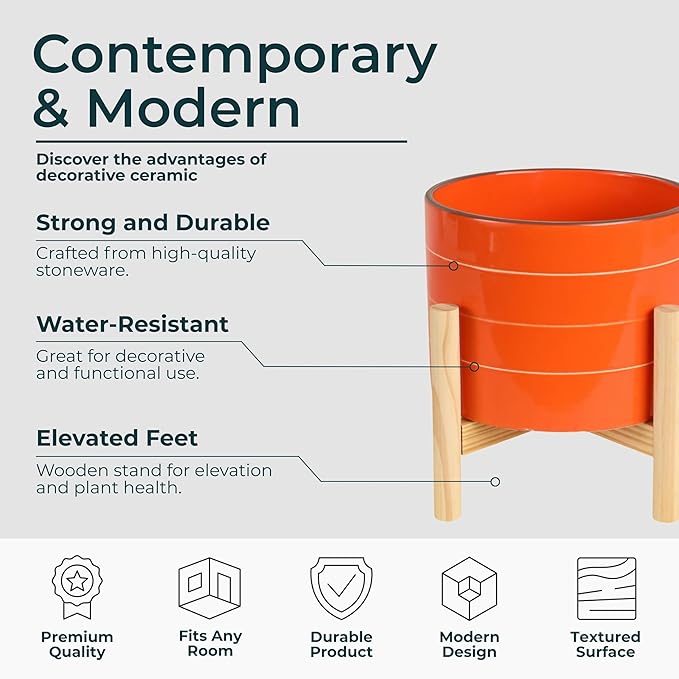 Striped Ceramic Planters with Wooden Stand as Home Decor Flower Pots for Entryway, Patio, Tabletop, and Garden - Colorful Decorative Pots for Indoor and Outdoor Plants - 9", Orange & Tan