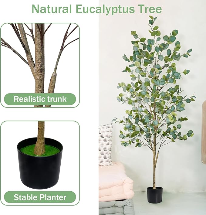 Caxchiling Faux Eucalyptus Tree 6FT, Artificial Potted Tree for Indoor Outdoor, Fake Floor Plants with Natural Wood Trunk, Home Office Living Room Bedroom Decor