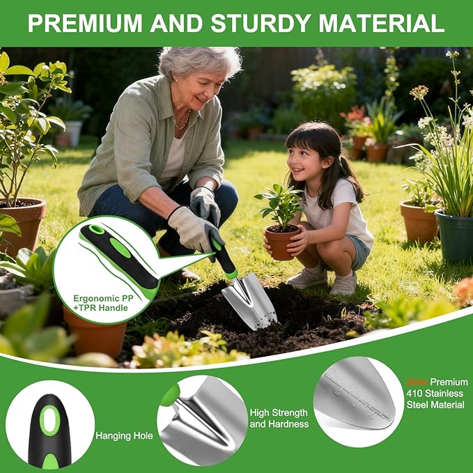 Yesker Gardening Tools 9-Piece Heavy Duty Garden Tool Set Gardening Supplies Gifts for Women Men Gardening Hand Tool Kit with Non-Slip Ergonomic Handle, Garden Bag, Durable Gloves and Shears, Green