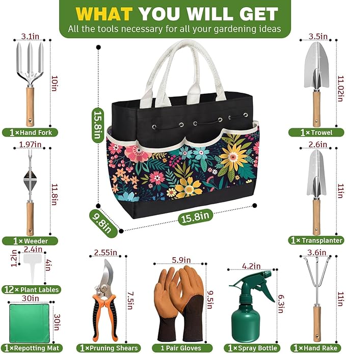 22Pcs Gardening Tools Set for Women Heavy Duty Garden Hand Tool Kit Garden Gifts for Mom Beginner Gardening Accessories with Tote Bag/Shovel/Repotting Mat/Plant Labels/Gloves-Black