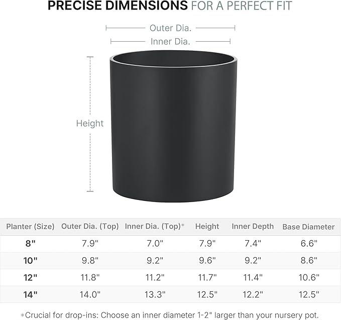 FaithLand 10 Inch Fiberstone Planter - Lightweight Modern Cylinder Plant Pot with Drainage Hole & Plug, Indoor Outdoor Use, Matte Black