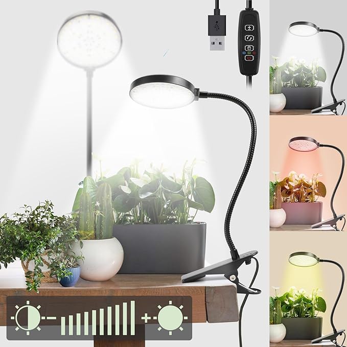 Indoor Plant Grow Light, 6000K Full Spectrum LED, Auto On/Off Timer, 9 Dimming Levels, 360 Adjustable Gooseneck, Modern Style, Black