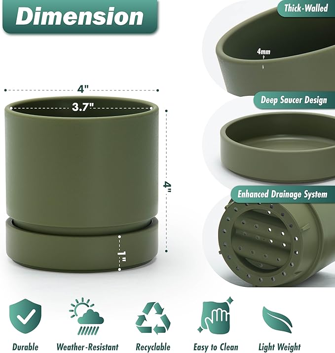 Phoenix Vine 4 Inch Planter Pot with Drainage Hole & Saucer, Deep Water Catch Tray, Straight Cylindrical Round Pot for Plants, Olive, Pack of 3, 23-F-R-3