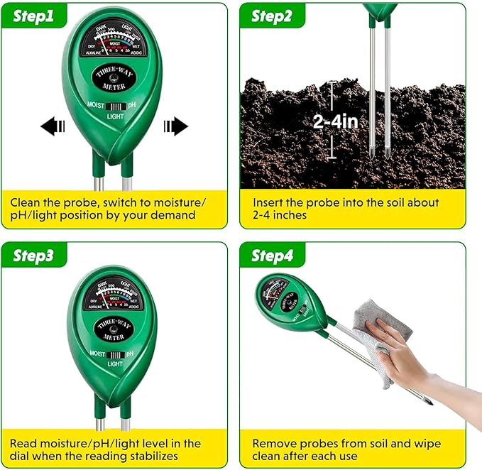 Soil Tester, Soil Test Kit Acidity Water, 3-in-1 Plant Moisture Meter Light/Moisture/PH Tester for Home, Garden, Lawn, Farm, Indoor and Outdoor Use, Promote Plants Healthy Growth