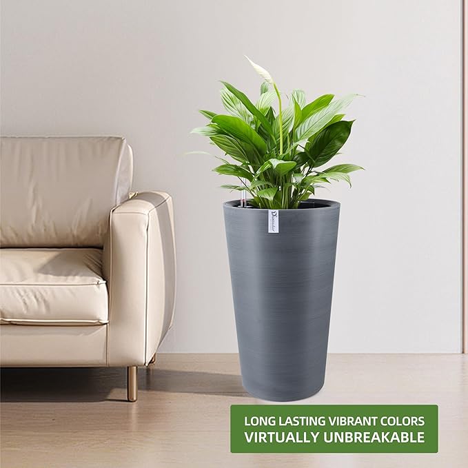 Dexceder 22x13 Tall Self Watering Planter High Cylinder Indoor Outdoor, Thickened Large Floor Standing Flower Plant Pot with Water Level Indicator (Gray, Wire Drawing)