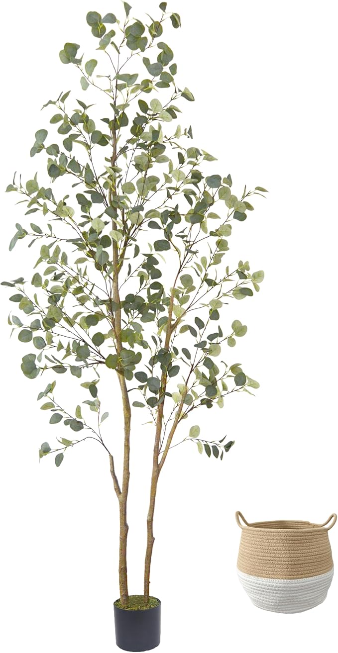 Warmplants Artificial Eucalyptus Tree, 8ft Large Fake Silk Leaves Eucalyptus Plant with Basket, 96” Faux Tree for Home Office Livingroom Floor Decor Indoor Outdoor