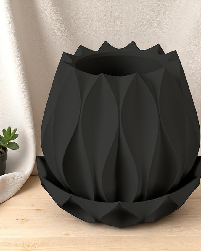 Neo Lotus Planter – Modern Sculptural Pot for Orchids, Succulents & Airplants | Minimalist Indoor Vase for Home, Desk, Shelf or Gift Decor (Black, Standard Structure 6" x 6" WH)