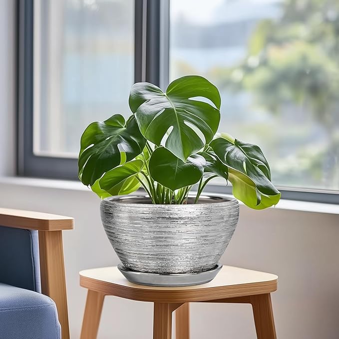 Ceramicfor Pot for Plants 9 Inch - Ceramic Plant Pot Indoor with Drainage Hole and Saucer Round Planter for Indoor Plants Modern Decorative Flower Pot for Home Decor Silver
