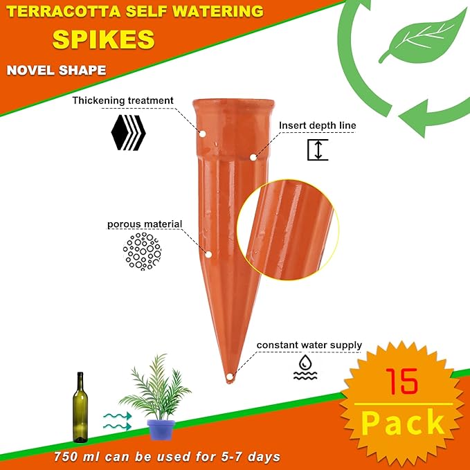 TKSCUSR Plant Self-Watering Stakes-15 Pack Terracotta Automatic Plant Waterer Devices Auto-Water Irrigation System for Indoor/Outdoor Plants