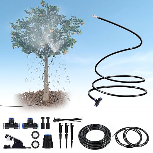 Adjustable Drip Irrigation System, 15FT with Adjustable Nozzles, 1/2-inch Hose, Mist Irrigation for Greenhouses and Gardens