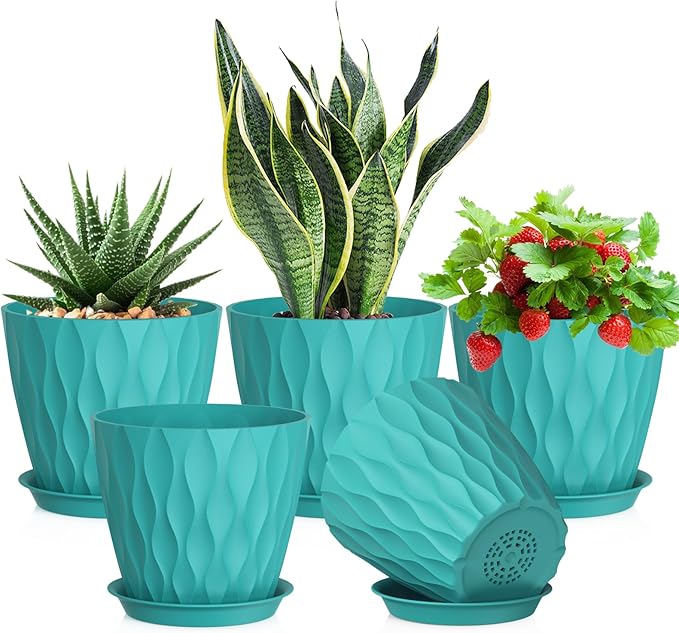 Meowell 7 inch Plant Pots for Indoor Outdoor Plants, 5 Pack Thick Flower Pots with Drainage Holes and Saucers, 3D Modern Wave Texture Plastic Planter Pots for Nursery and House Plants, Blue Green
