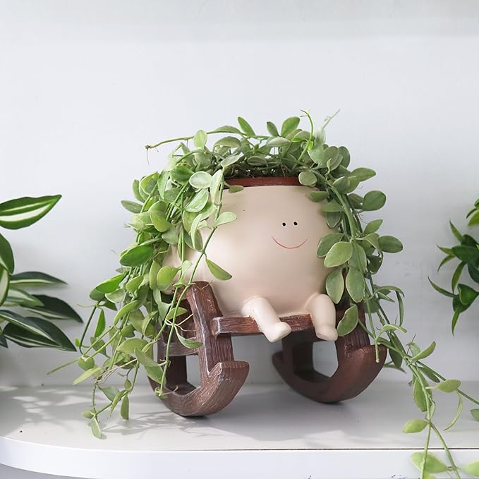 Camotank Smiley Face Rocking Chair Planters Flower Pots for Plants Funny Succulents Plant Live Cute Resin Head Planter for Indoor Outdoor Plants Gift Ideas for Mother and Christmas (Large)