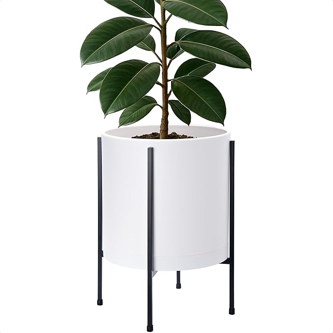 D'vine Dev 12 Inch White Planter Pot with Stand – Modern Plastic Cylinder Flower Pot with Heavy-Duty Metal Stand for Indoor Plants, 55-D-A-3