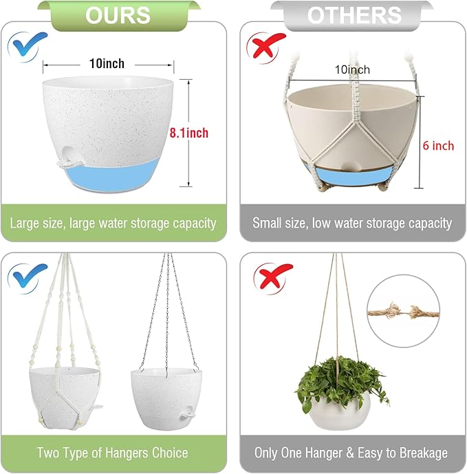Meowell 10 inch Self Watering Hanging Planters, 2 Pack Hanging Baskets for Indoor Outdoor Plants, Hanging Flower Pots with Drainage Holes and 2 Kinds of Plant Hangers for Garden Decor, Speckled White